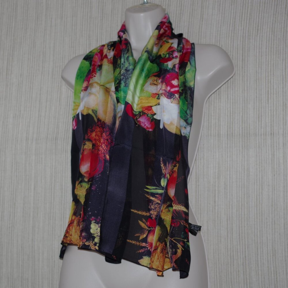 BROCHIER SOIERIES Pure Silk Black Red Yellow Flowers frute print Scarf 16 x 53"
